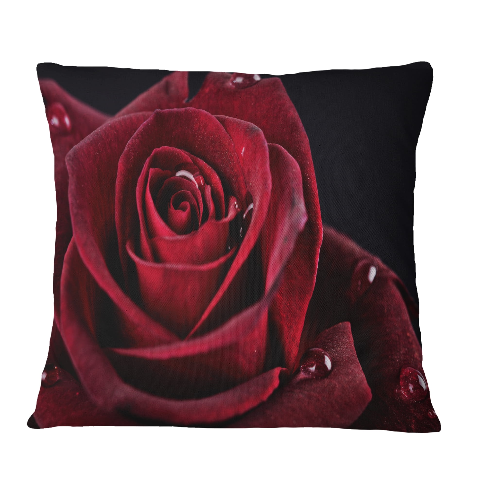 Designart Red Rose with Raindrops on Black - Flowers Throw Pillowwork - 18x18