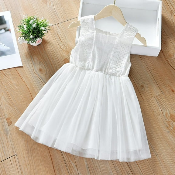 Riecok Girls Dress Sleeveless Solid Color (2-14 Years) Tulle Puffy Fashion White Romper Fairy Hollow Out Princess Dress for Toddler Little Big Kids Baby Summer White 6 Years