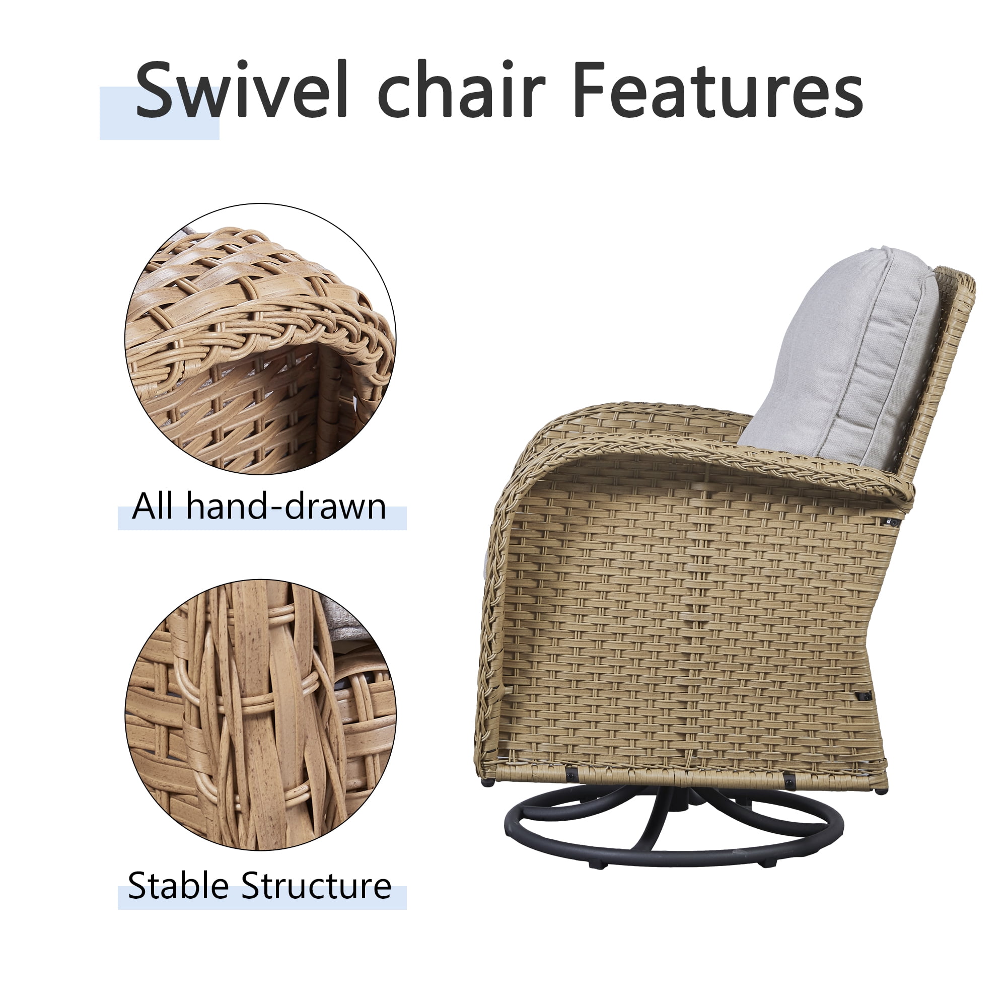 PARKWELL 3 Pieces Outdoor Swivel Gliders Rocker Set,High Back Wicker Patio Chairs with Side Table,Yellow Rattan Deep Seating Furniture with Non-Slip Beige Cushion for Porch Deck Backyard