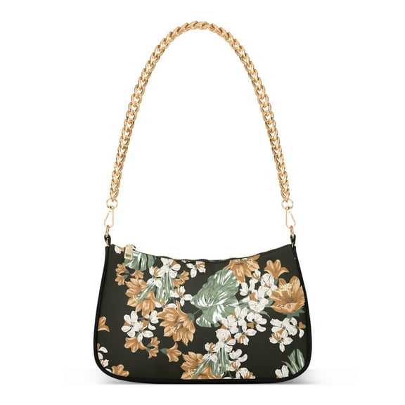 Cute Flowers Black Womens Chain Shoulder Bag Tote Handbag Clutch Hobo Purse with Zipper for Travel Casual