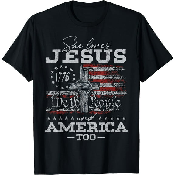 She Loves Jesus And America Too USA Flag 4th of July T-Shirt,Black