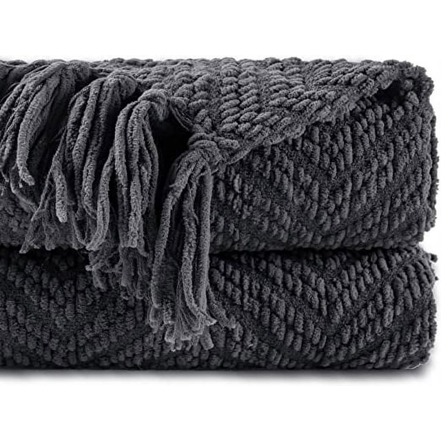 Battilo Dark Grey Throw Blanket for Couch, Knit Charcoal Throw Blanket Versatile for Chair, 60 x 80 Inch - Super Soft Warm Grey Blanket with Tassels for Bed, Sofa and Living Room
