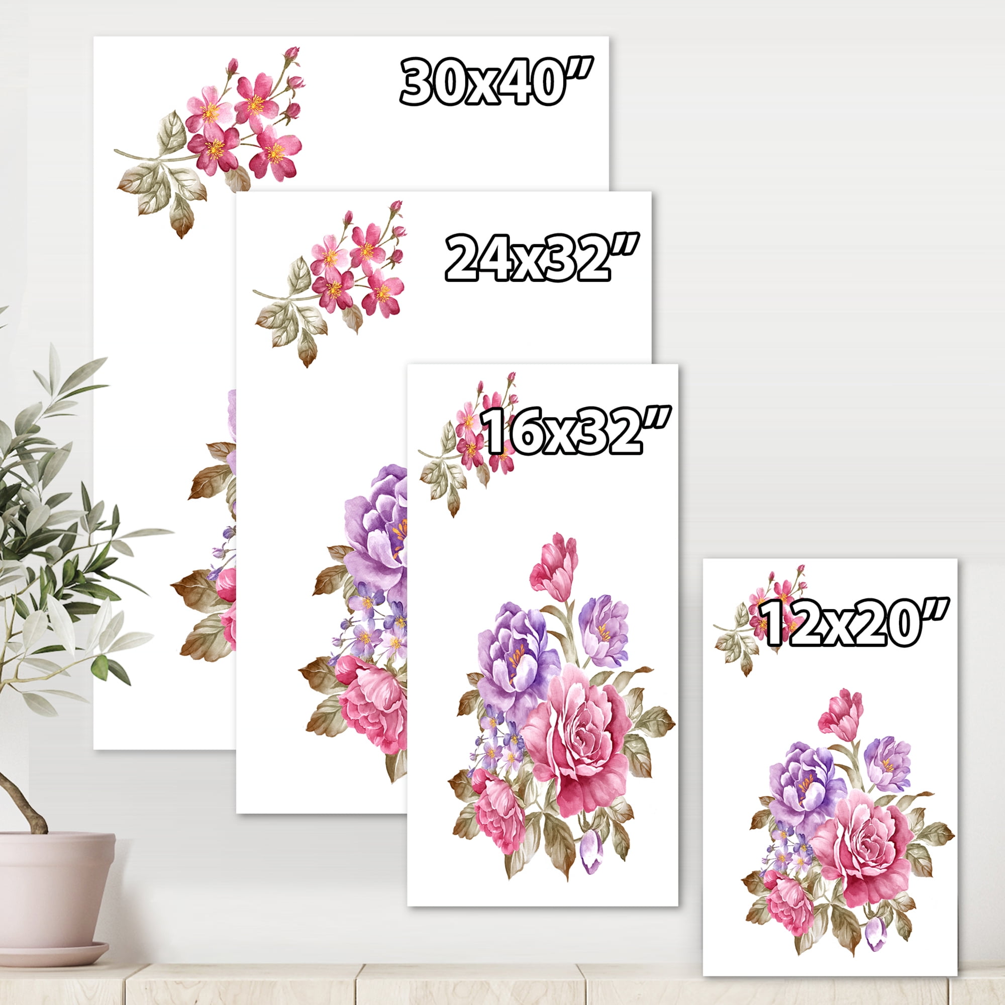 Bouquet of Purple and Pink Flowers I 12 in x 8 in Painting Canvas Art Print, by Designart
