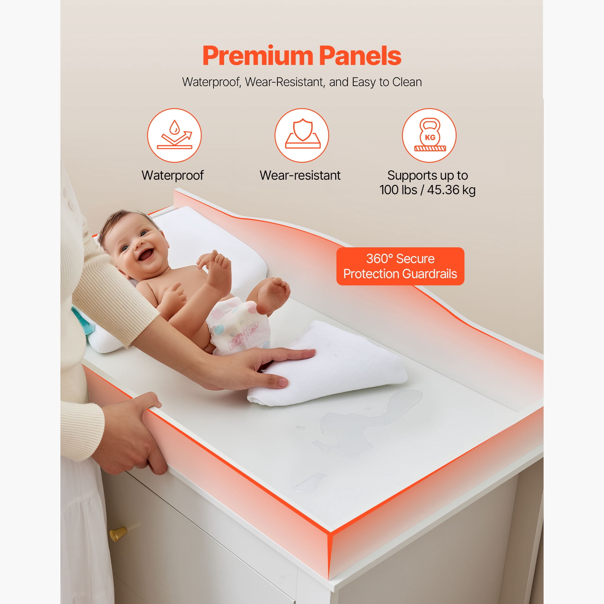KFFKFF Modern Baby Changing Table Dresser with 3 Storage Drawers, Multi-Functional Organizer for Nursery and Children's Room, White