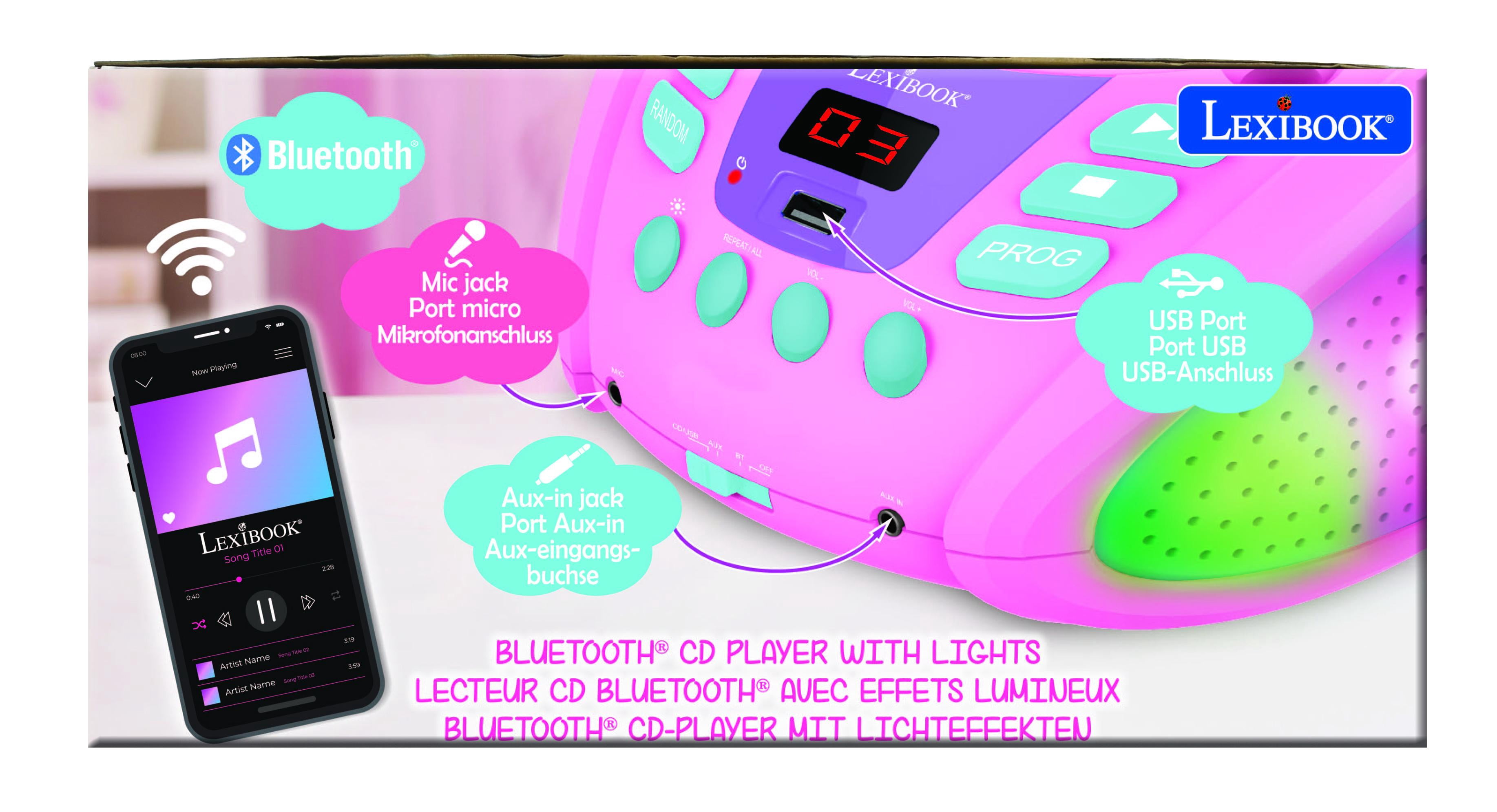 Lexibook, Unicorn Bluetooth Portable CD Player, with Lights and