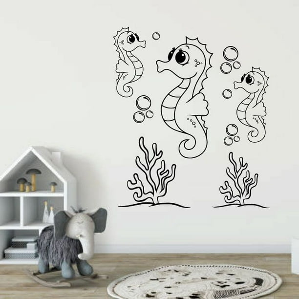 Cute Seahorses Cartoon Family Underwater Silhouette Drawing Cartoon Vinyl  Wall Decal Wall Sticker Wall Art Home Decoration Fun Home Decoration For  Girls Boys Kids Room House Décor Size (30x30 inch) 