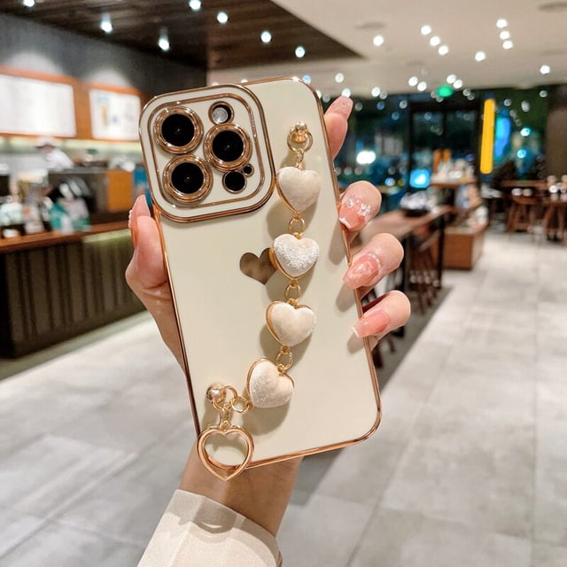 Funda de teléfono con pulsera de corazón de amor suave de lujo para iPhone 11, 12, 13, 14 Pro Max, XS, X, XR, 7, 8 Plus, SE 2020, 2022, cubierta trasera de parachoques de pelusa Fivean unisex