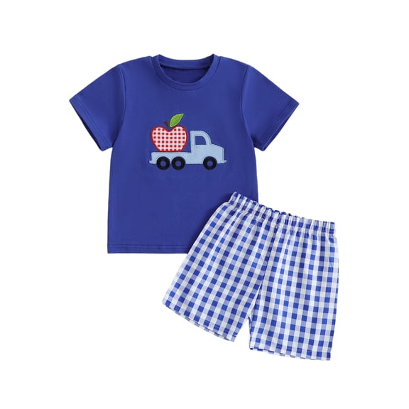 BemeyourBBs Toddler Baby Boy Back to School Outfit Baby First Day of School Kindergarten Outfit Baby Boy Summer Clothes Apple Embroidery Short Sleeve T Shirt and Plaid Shorts 2 Pcs Set