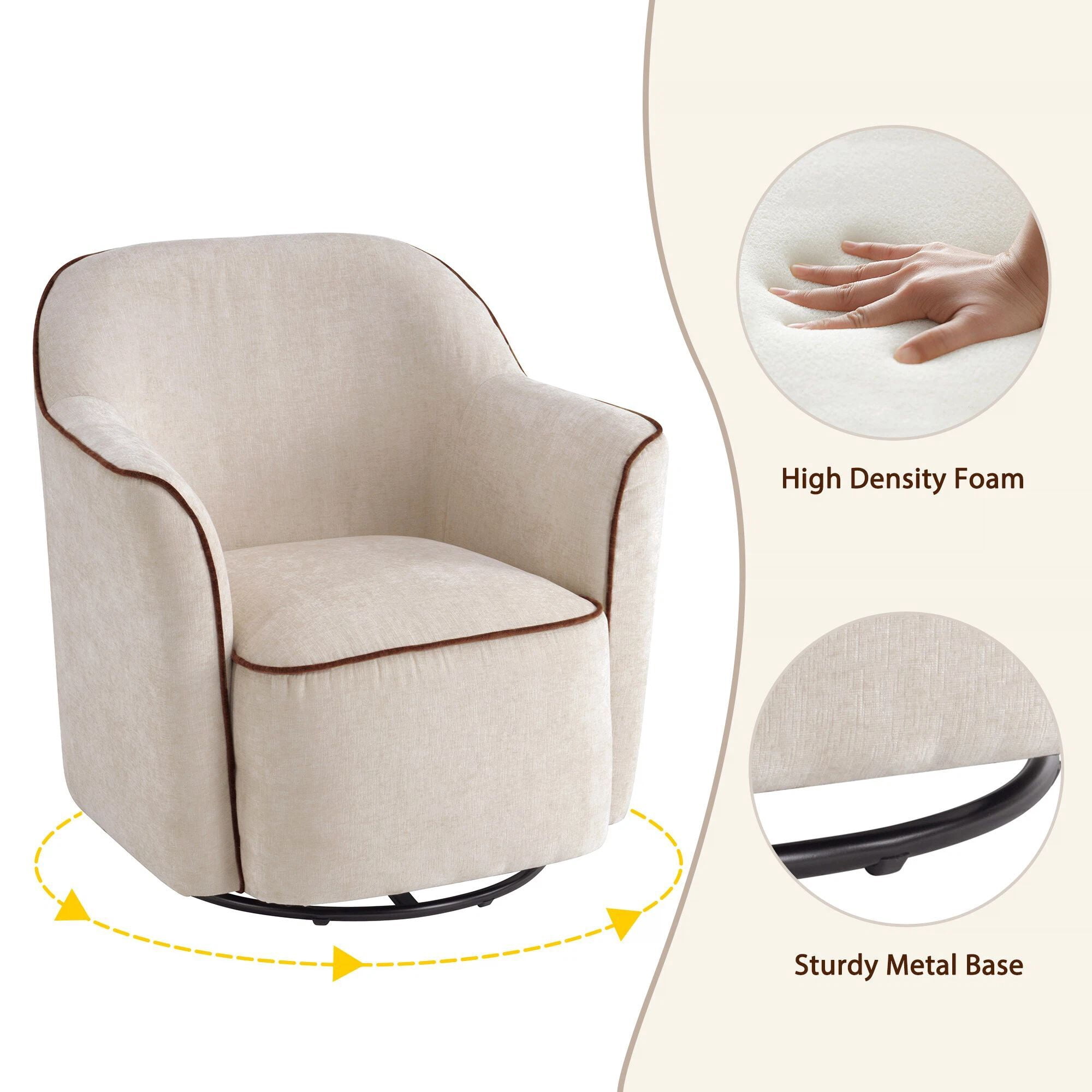 Euroco 360° Swivel Accent Chair, Chenille Upholstered Barrel Chair with Flared Arms, Modern Reading Armchair for Living Room, Bedroom and Office, Beige