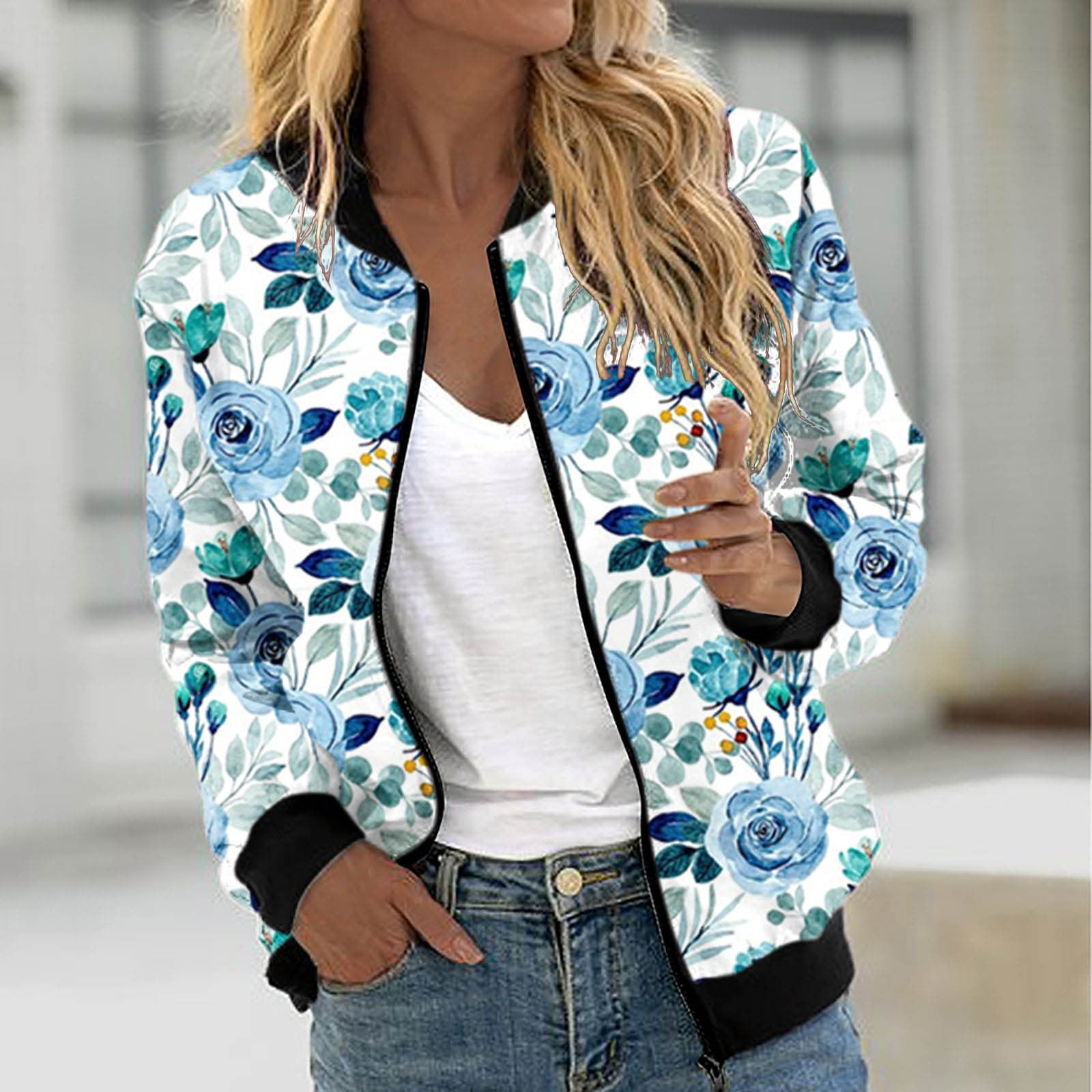 IROINID Women s Shacket Jacket Long Sleeve Print Round Neckline Outwear Comfy Style Stylish Floral Jacket with Pocket Walmart