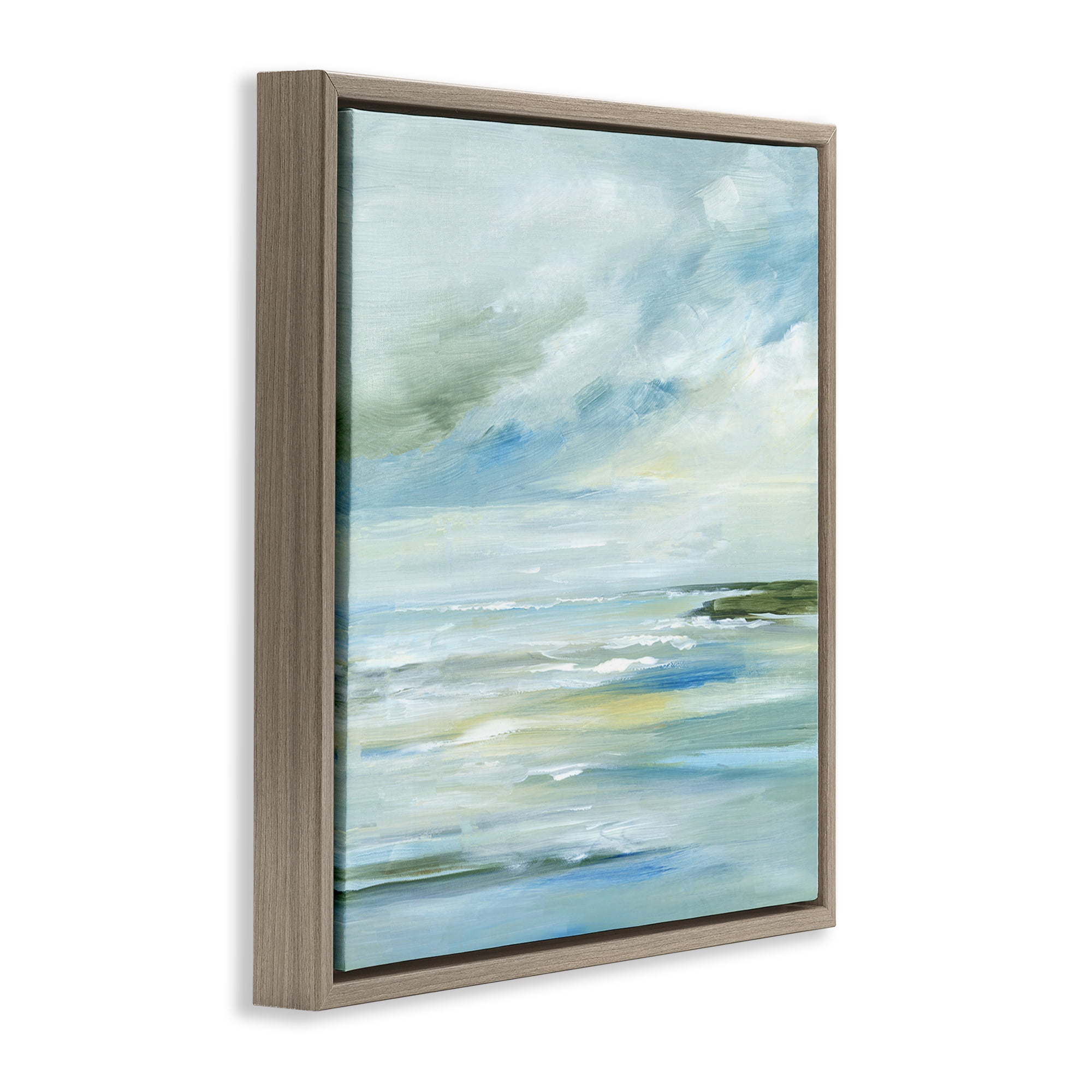 Stupell Industries Cloudy Blue Beach Impression Landscape & Nature Painting Brown Floater Framed Canvas Art Print Wall Art, 18 x 18