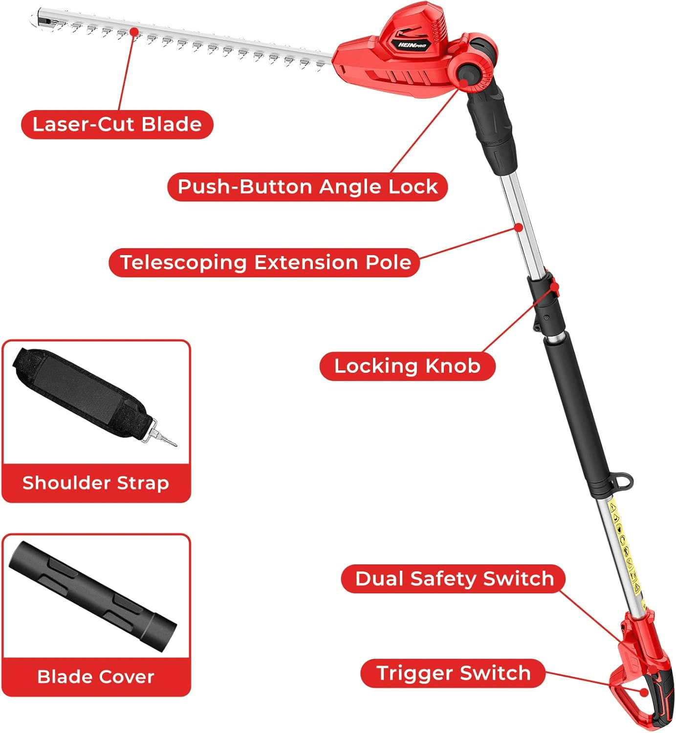 Cordless Pole Hedge Trimmer Compatible with Milwaukee M18 Battery 18-in, 14-ft Max Reach, 150° Adjustable Head (Battery Not Included), Shoulder Strap, 18-in Blade for High Hedges & Bushes