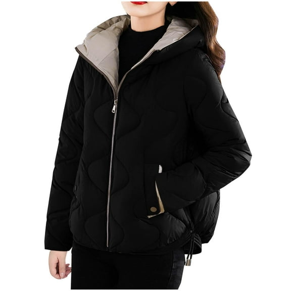 Women's Warm Coats Fashion Casual Solid Color Hat Long Sleeve Warm Black Winter Clothing Coats Jackets (M)
