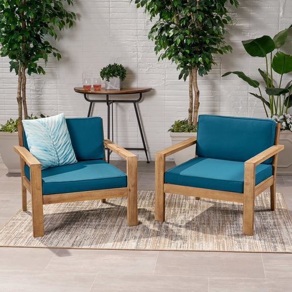 GDF Studio Antoine Outdoor Acacia Wood Club Chairs with Cushions, Set of 2, Brushed Light Brown and Dark Teal
