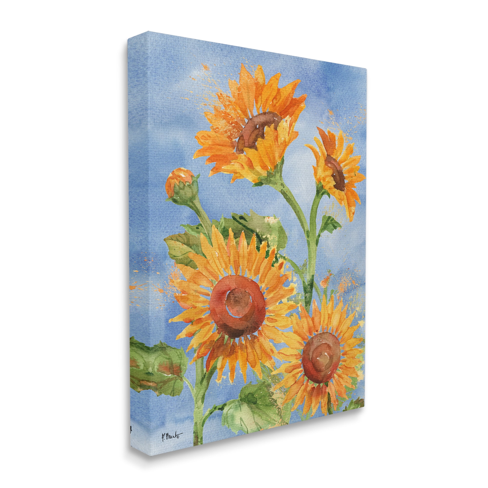 Stupell Industries Watercolor Sunflowers on Blue Botanical & Floral Painting Gallery Wrapped Canvas Print Wall Art, 16 x 20