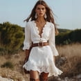 thumbnail image 2 of Women White Crochet Lace Mini Dress Deep V 3/4 Flare Sleeve Belted Ruffle Hem Summer Beach Dress, 2 of 5