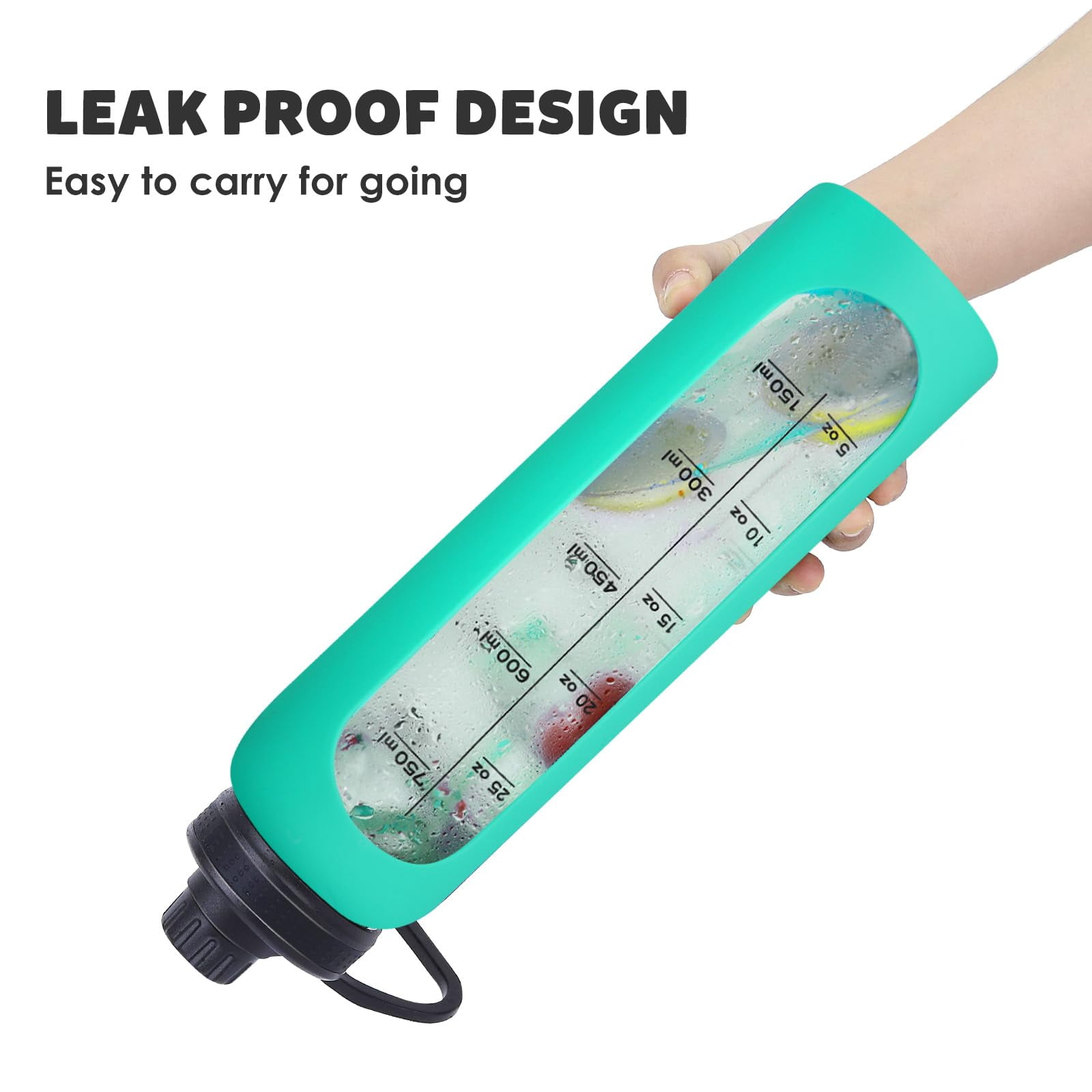 Glass Water Bottles 32oz with Silicone Sleeve Drinking Hydration Bottles Reusable Borosilicate Wide Mouth Motivational Water Flask Canteen with Time Marker Spout Lid and Brush