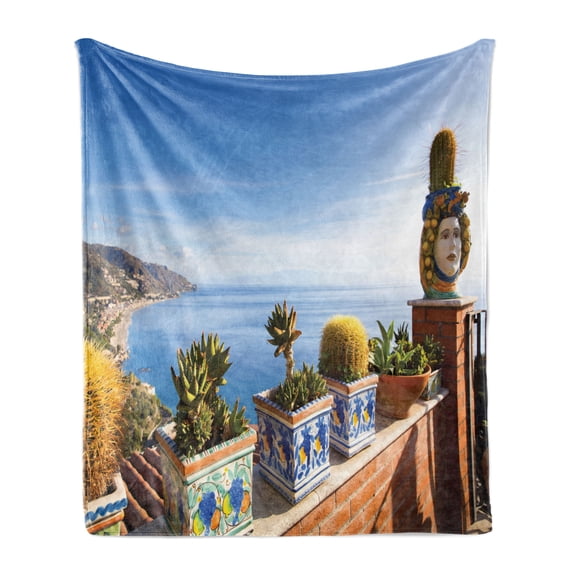 Sicily Soft Flannel Fleece Throw Blanket, Taormina Coastline Photo from Balcony with Cactus and Succulents in Pots Italy, Cozy Plush for Indoor and Outdoor Use, 50" x 60", Multicolor, by Ambesonne