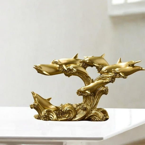 Estatuilla de delfín,Decoración de delfines para el hogar,Decoraciones de animales,Adorno de animales marinos de acuario para gabinete de encimera cobre dorado