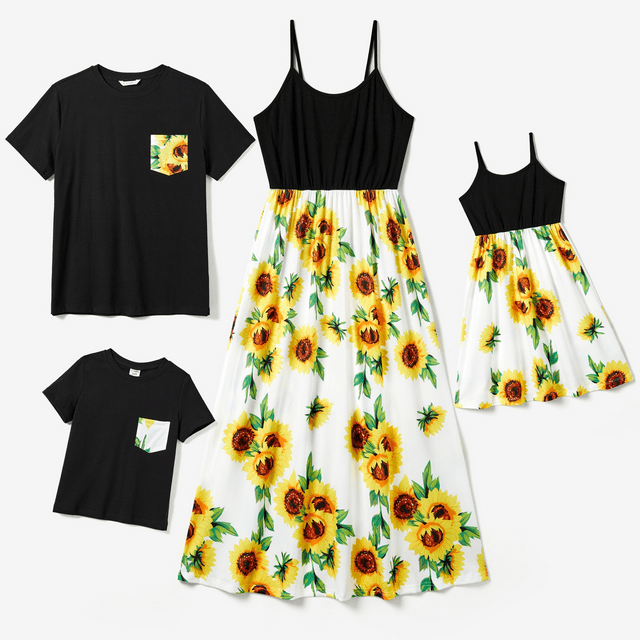 PatPat PatPat 1 PCS Family Matching Solid Spaghetti Strap Splicing Sunflower Floral Print Dress For Teenager/Girl
