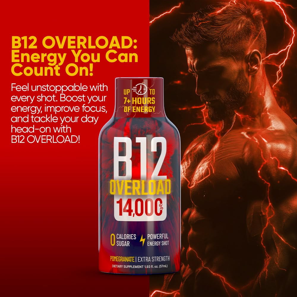 Vitamin Energy B12 Overload Extra Strength Shot, Pomegranate, 48 Pack – 260mg Natural Caffeine, 14,000% DV B12 & Electrolytes, Zero Sugar, 1.93 fl oz