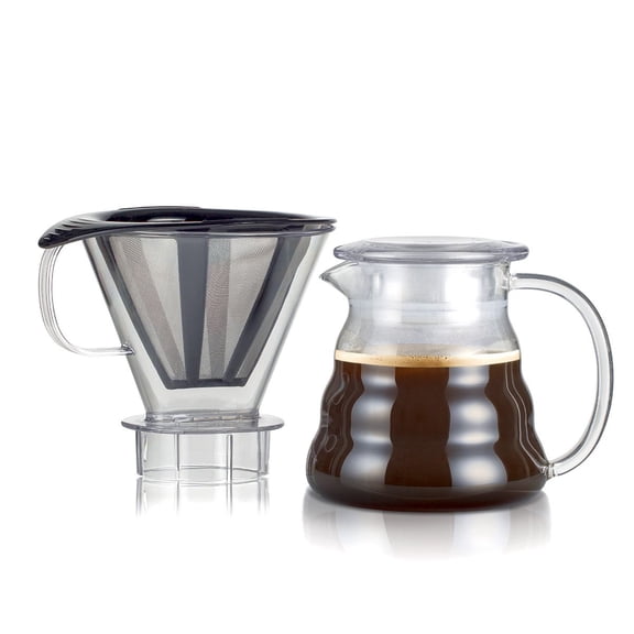 Melior Coffee Dripper and Carafe Set, 20 oz, Glass Carafe with Plastic Dripper and Mesh Filter