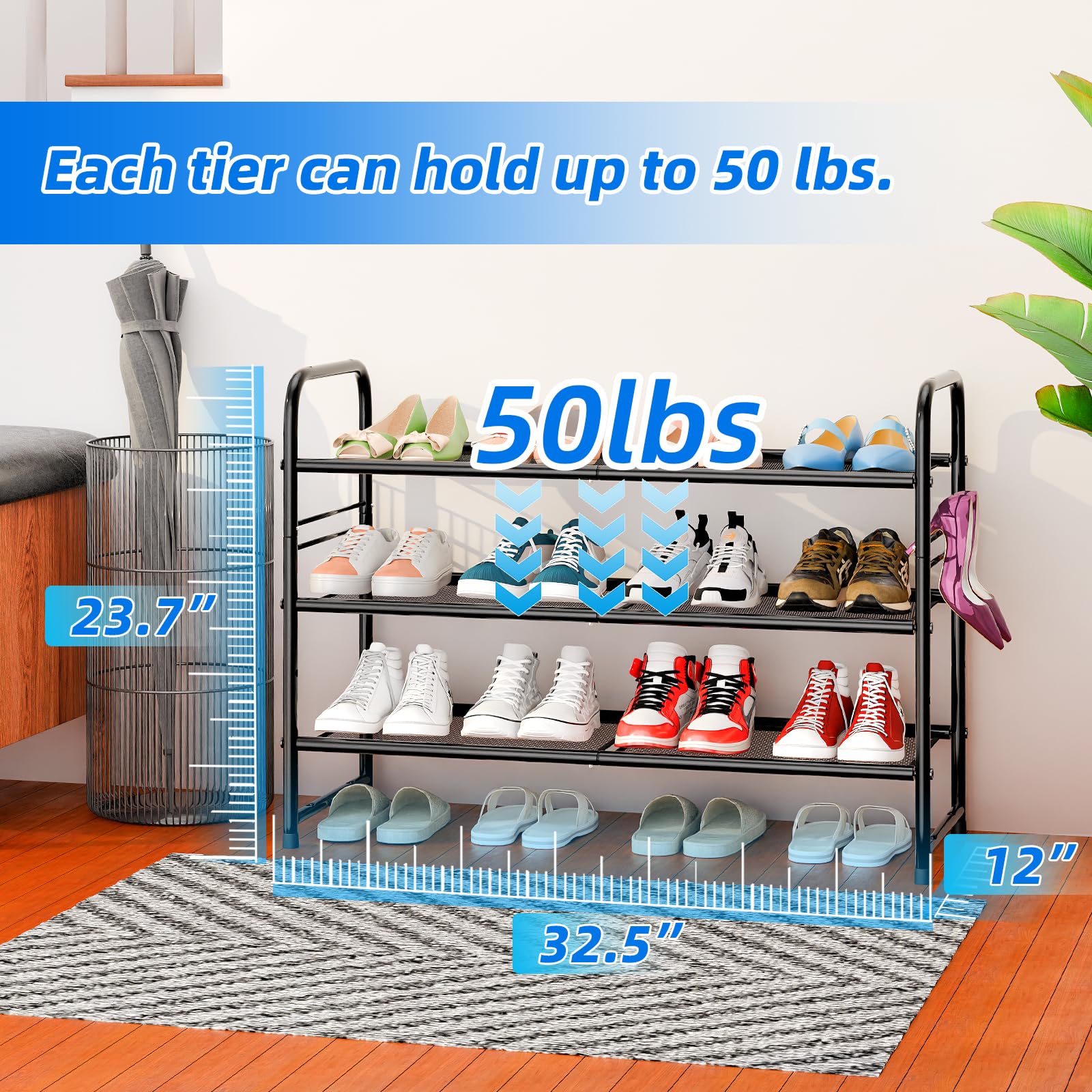 SUFAUY 3-Tier 33" Wide Shoes Rack Stackable, Metal Mesh, Black
