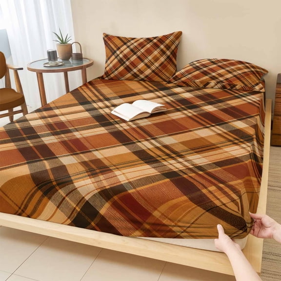 King Size Fitted Sheet Set - Orange Buffalo Plaid 3 Piece Bedding Sets 16" Deep Pocket Fitted Sheet with 2 Pillowcases, Fall Thanksgiving Checkered Brushed Microfiber Hotel Luxury Bed Sheets