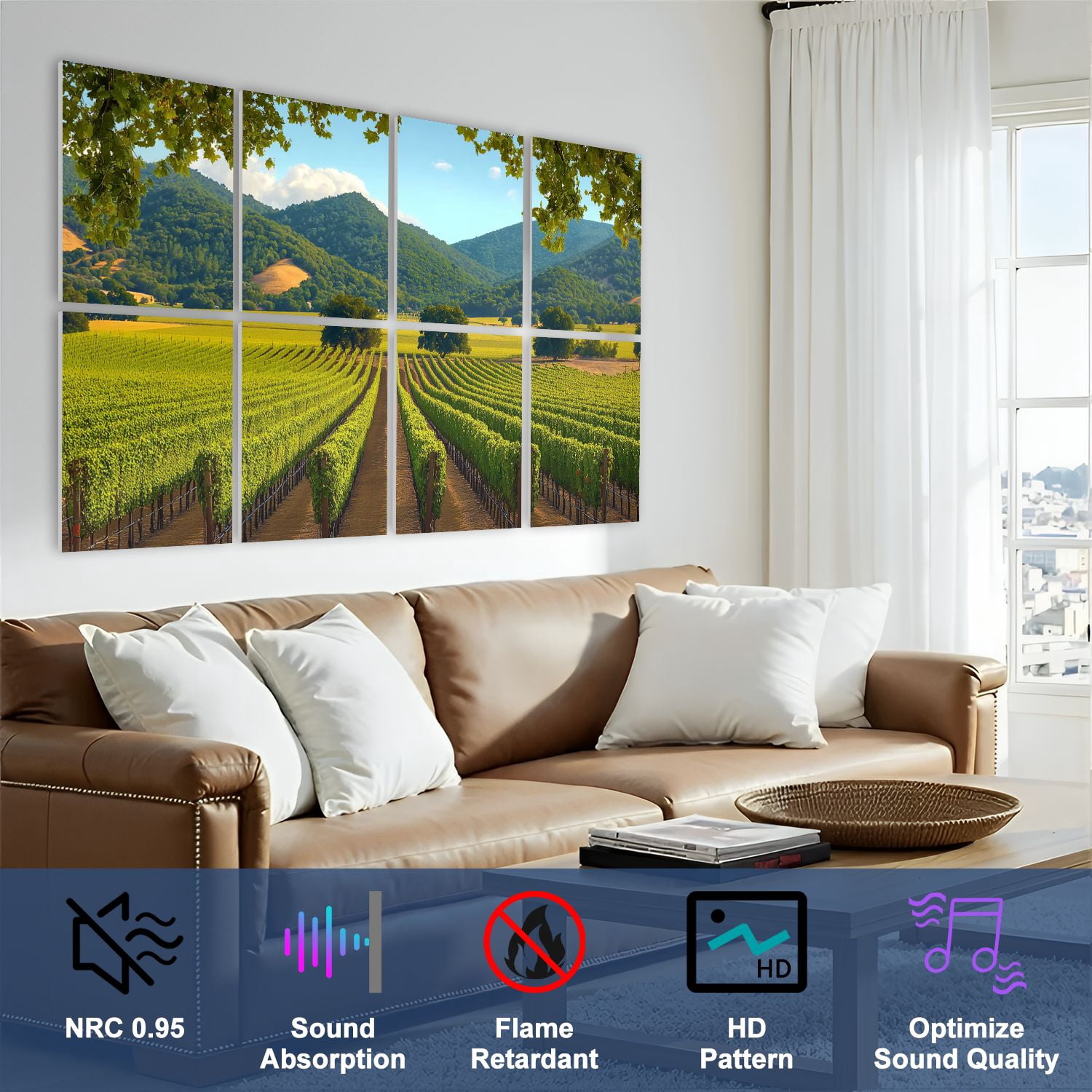 8 Pack Art Acoustic Panels Sound Absorbing Napa Valley California Vineyard Winery Decorative Soundproof Wall Panels Self Adhesive for Nursery Game Room Bedroom 48"x32"