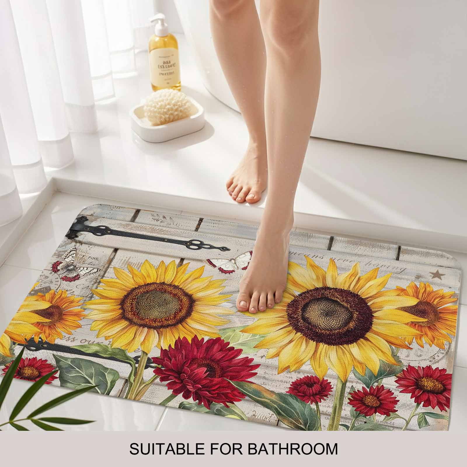 Red Yellow Sunflowers Doormat Outdoor Entrance 16"x24", Retro Rustic Barn Doors Butterfly Brown Absorb Moisture Dirt Door Mats, Non-Slip Rubber Backing Floor Mats Indoor, Low-Profile Front Door Rugs