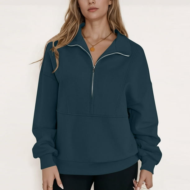 HongQid Women's Half Zip Sweatshirts Fleece Stand Collar Long Sleeve Oversized Pullovers with Pockets