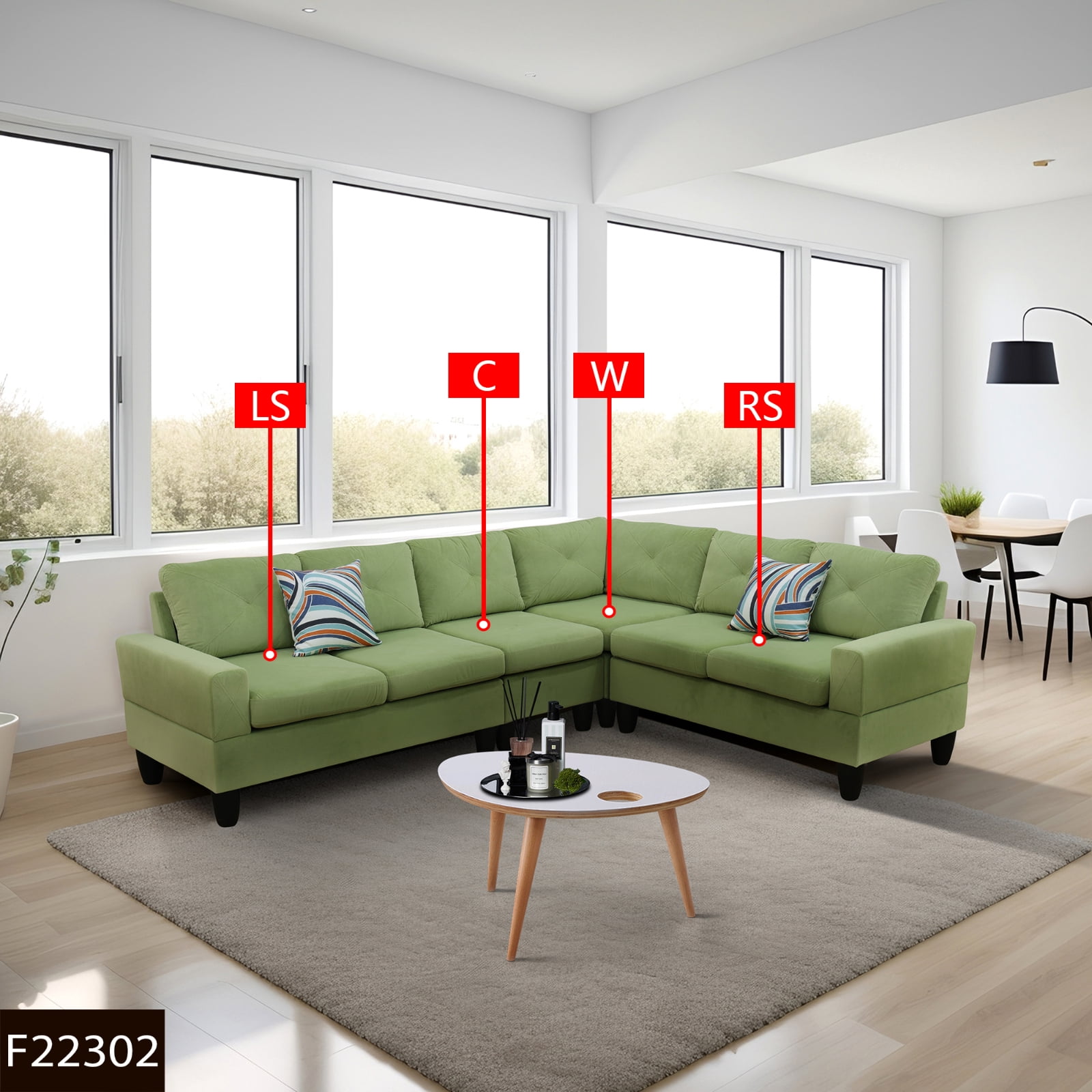 4-Piece Couch Living Room Sofa Set, 6 Seater Modular Sectional Couch L Shaped Corner Sofa, Green