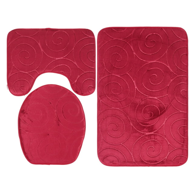 Toilet Lid Cover Floor Mats, 3 PCS Bathroom Mat Set Water Absorbing Tight Knitting For Washroom Red