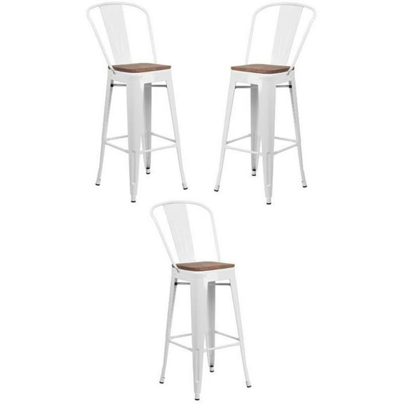 Home Square 30" Metal Bar Stool in White and Wood Grain - Set of 3
