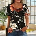 thumbnail image 2 of Petal Sleeve Tops for Summer Trendy Plus Size T-Shirts Printed Casual Loose Square Neck Button Blouse Tees S-3X (L, Black Foral), 2 of 6