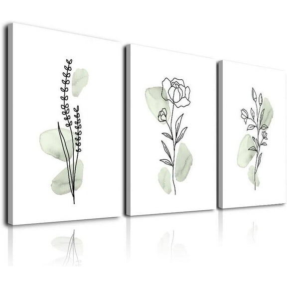 Sage Green Botanical Wall Art, Boho Wall Art Farmhouse Decor, Framed Plant Wall Decor Sage Green Watercolor Wild Flowers Floral Leaf Line Canvas Paintings, Minimalist Botanical Prints for Bedroom