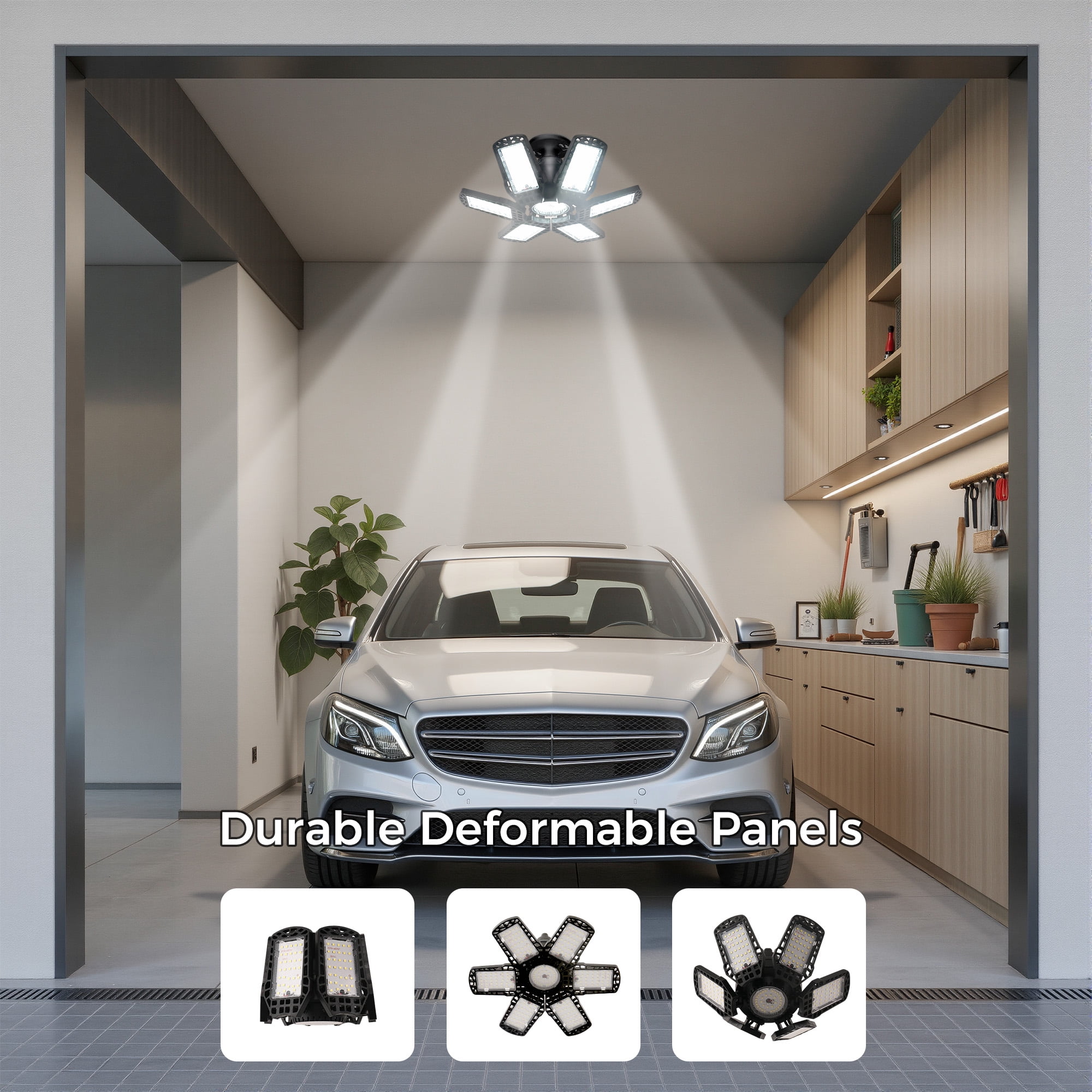 YANSUN 11 in 48W Black LED Flush Mount Garage Ceiling Light with 6 Foldable Adjustable Panels for Basement, Garage, Workshop, Utility Room