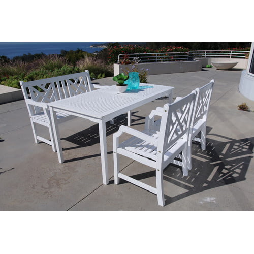Bradley Outdoor 4 Piece Wood Patio Dining Set With Foot Bench In White Com - White Wood Outdoor Furniture Set