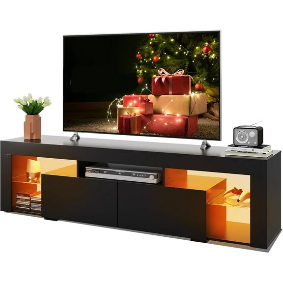 63 Inch TV Stand, LED Entertainment Center for 60 to 70 Inch TV, Modern TV Console with 2 Drawers, TV Stands for Living Room, Black