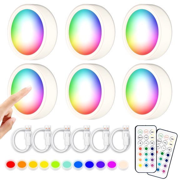 Thundoo Rechargeable Puck Lights with Remote Battery Operated RGB LED Under Cabinet Lighting