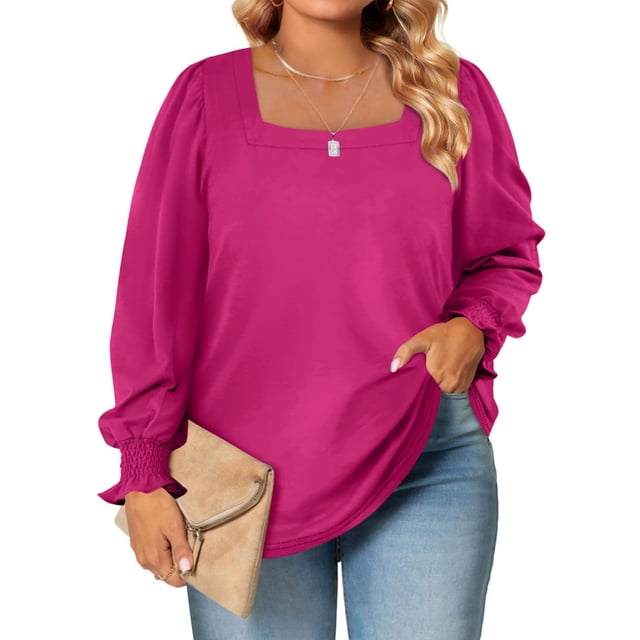 Blusa Eytino talla grande con cuello cuadrado y manga larga, 2 rosas