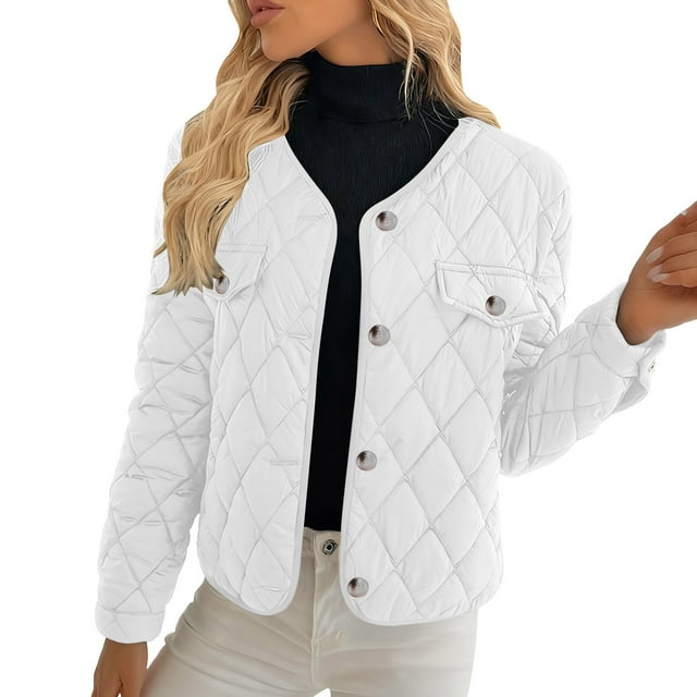 RXMEKW Quilted Jacket for Women, Snap Front Closure with Color Block Design, Long Sleeve Casual Coat for Fall and Winter