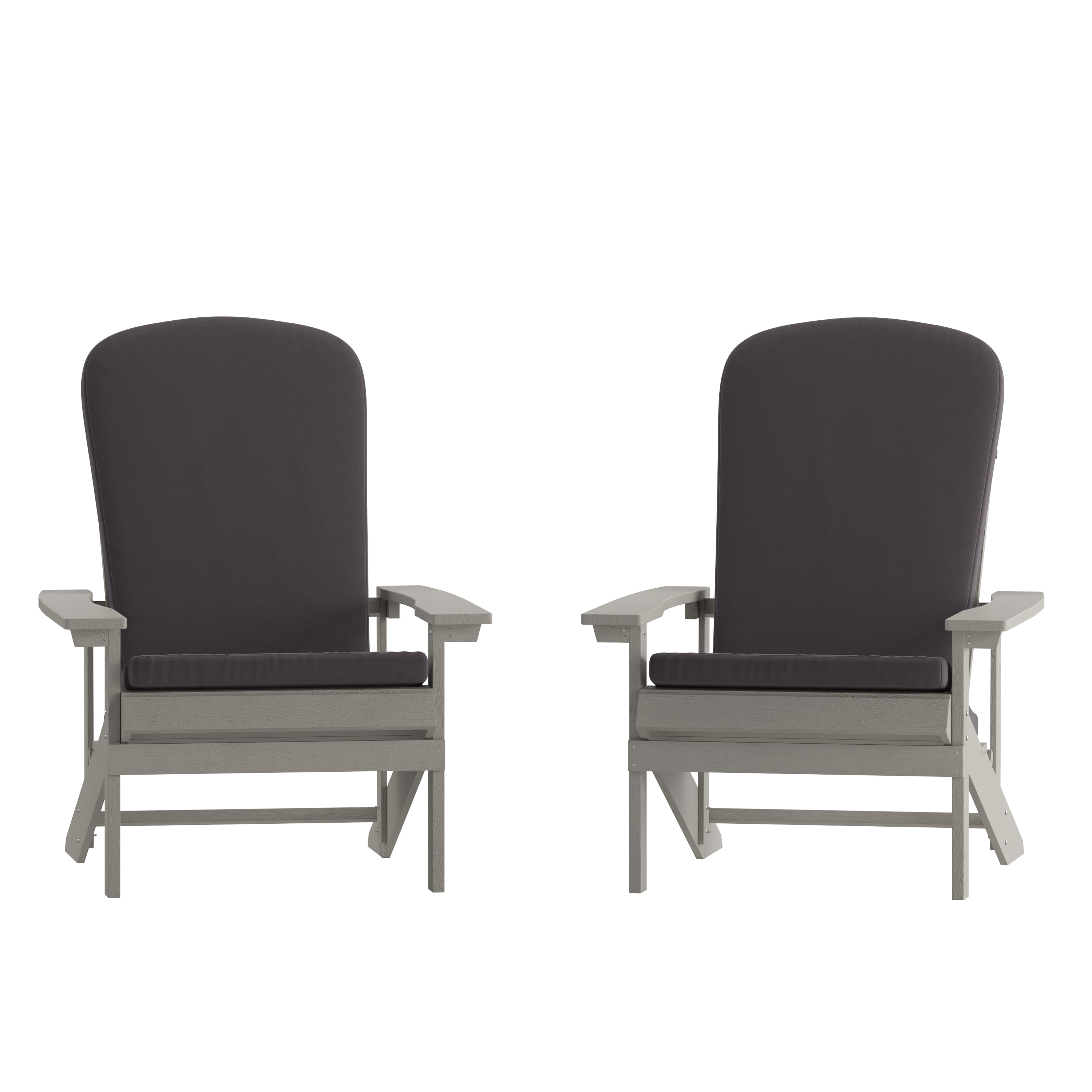 Emma + Oliver Set of Two Gray All-Weather Polyresin Adirondack Chairs with Gray Cushions