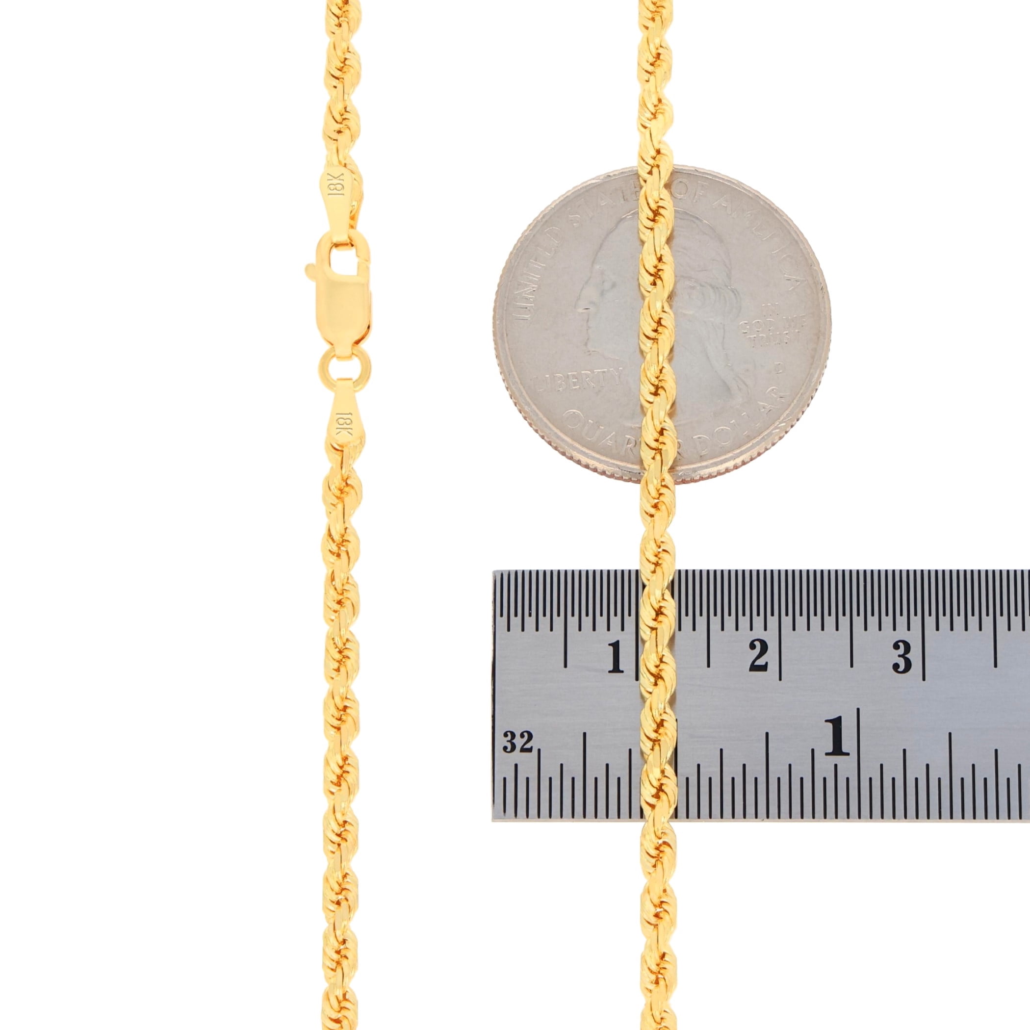Nuragold 18k Real Yellow Gold 3mm Rope Chain Diamond Cut Necklace (16"-26") Italian Jewelry for Men & Women