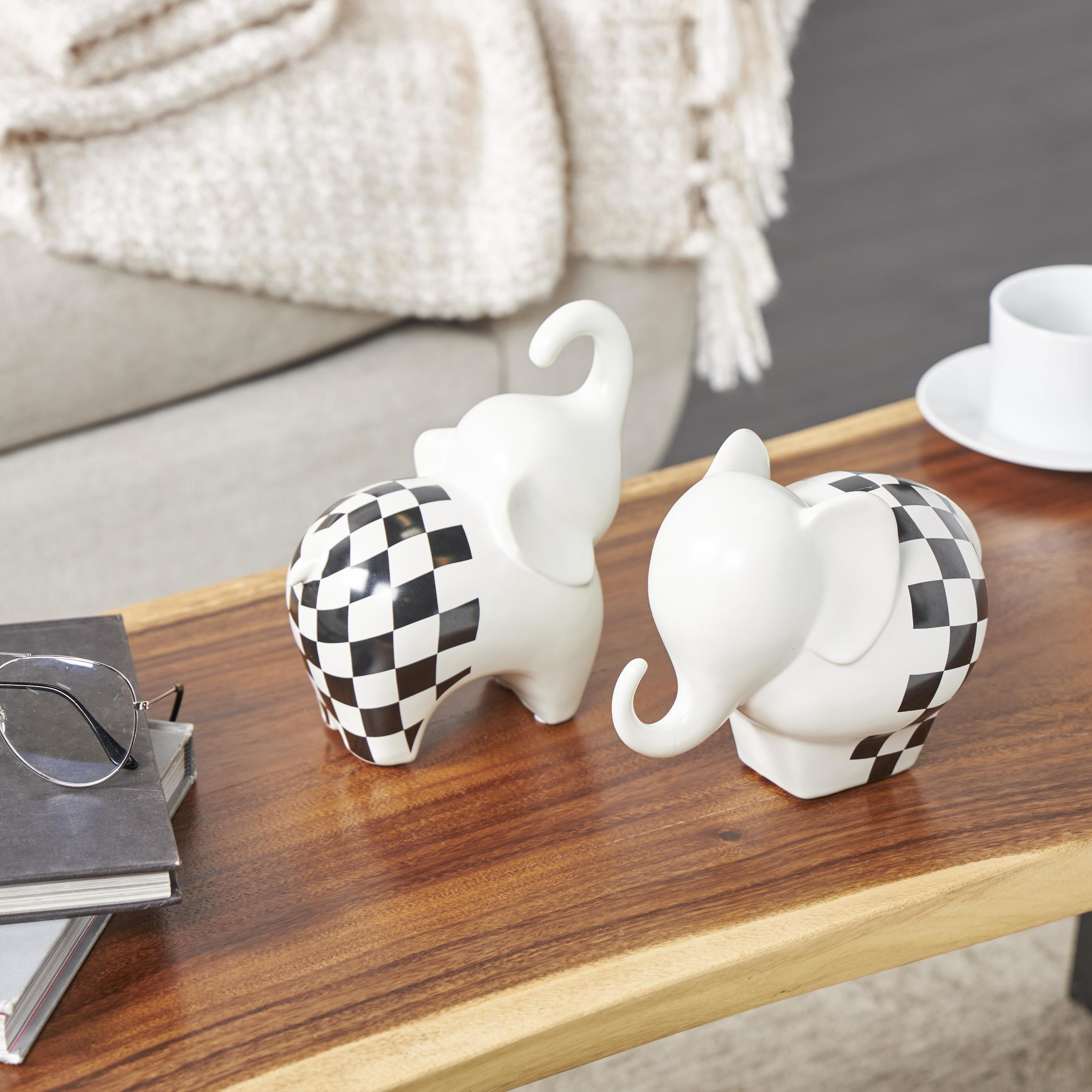 6", 7"H White Ceramic Small Elephant Sculpture with Checkered Pattern, by DecMode (2 Count)
