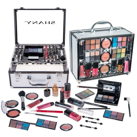 SHANY Carry All Trunk Makeup Train Case with Re-usable Aluminum Beauty Storage Organizer Case. Make up Set with Eye palettes Blushes Face Powders Manicure Pedicure and Cosmetics Brushes. GIFT SET
