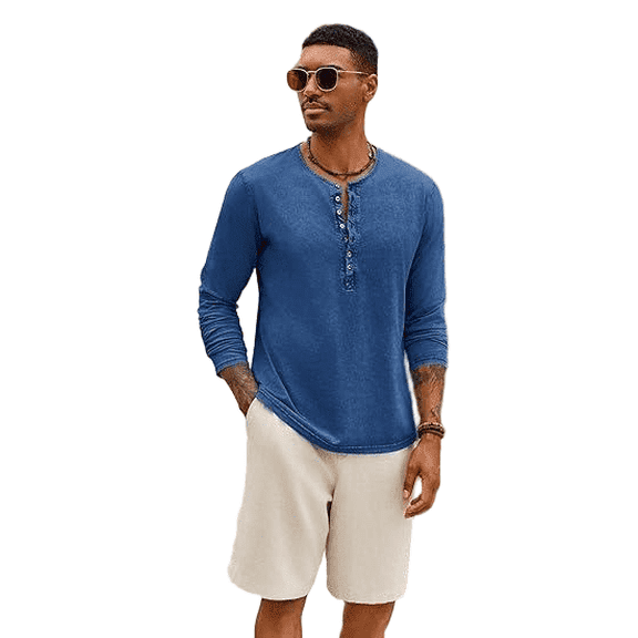 Men's Long-Sleeve Henley Shirt with Button Front, Casual Washed Vintage T-Shirt