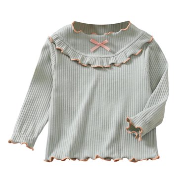 Thetops Toddler Girl Cotton Long Sleeve Top - Gray, 2-3T, Ruffled Collar with Bow, Soft Breathable Casual Kids Shirt for 2-4 Years Old