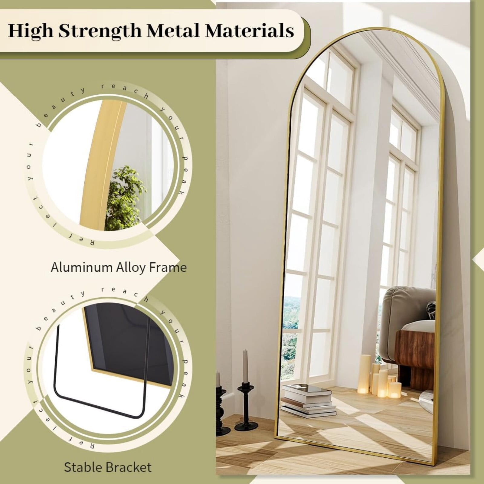 Mirrasia 21.1"x64" Arched Full Length Metal Mirror with stand, Gold