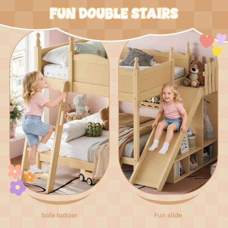 Full-Over-Full Size Kids Bunk Bed with Open Storage Shelves & Small Wardrobe, Wooden Princess Bed Frame with Ladder & Slide